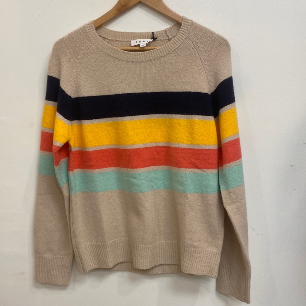 Beige sweater with colorful stripes